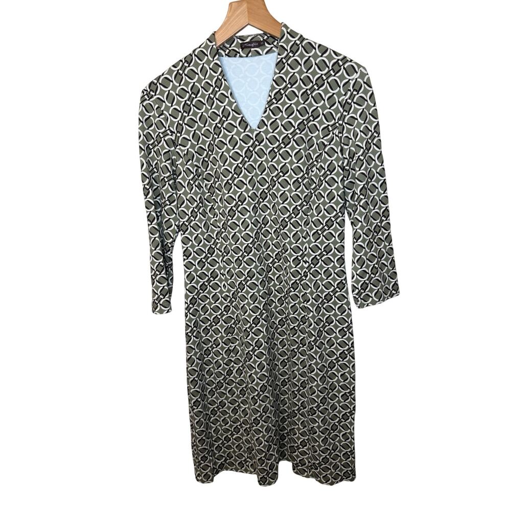 J. McLaughlin Mid Century Retro Green Geo Print 3/4 Sleeve V Neck Short Dress XS